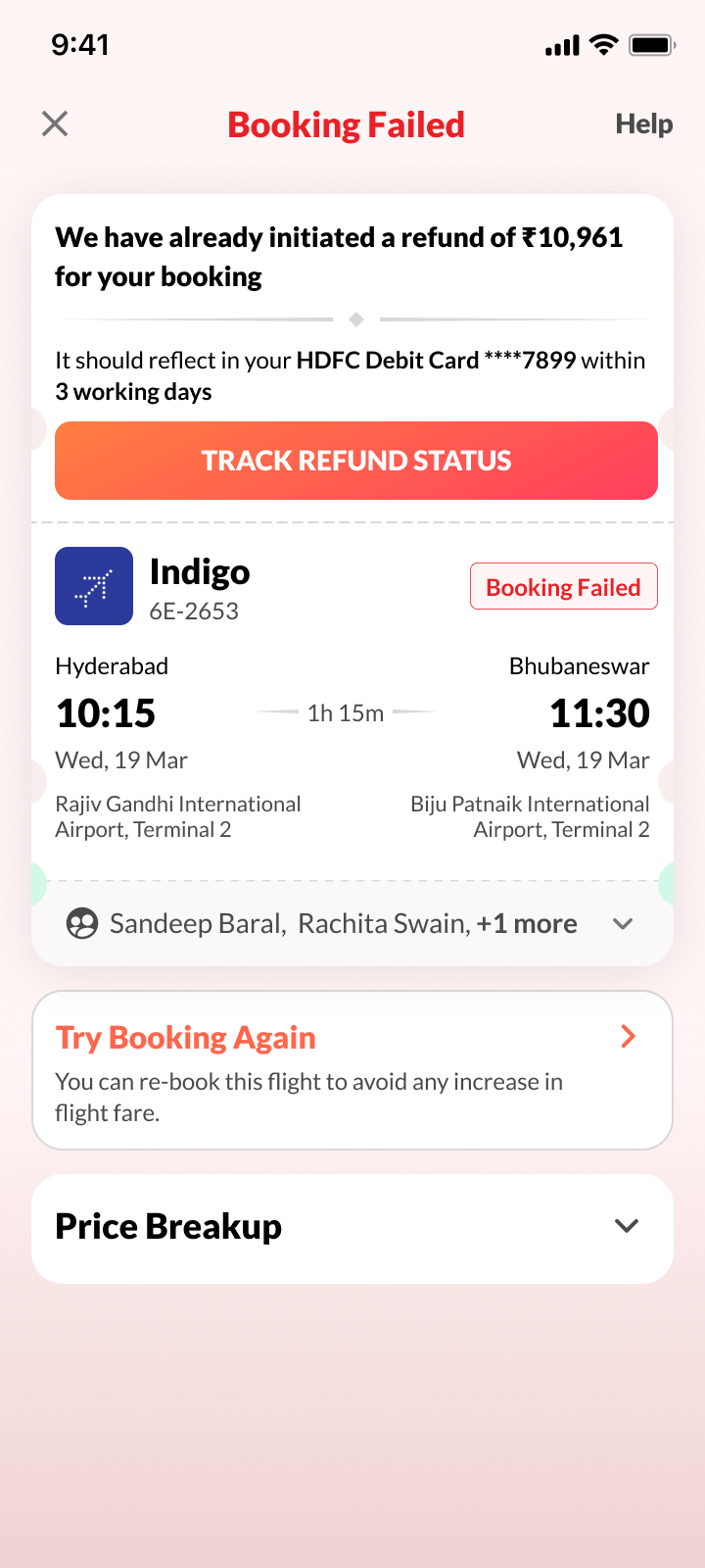 Booking failed recovery screen