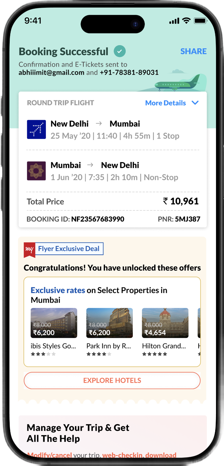 Existing flight confirmation page with a low-emphasis hotel promotion