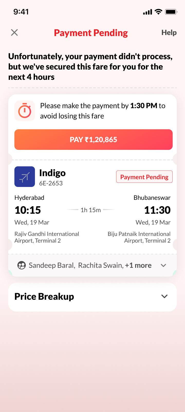 Payment pending screen for an SME traveller